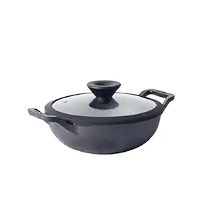 Meyer Pre Seasoned Cast Iron Kadai|Iron Kadhai with Lid for Cooking and Stir Frying | Heavy Base Iron Kadai Small Size | Gas Stove and Induction Friendly 20cm/ 1.5 Liters, Black