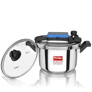 Prestige 5Litre Stainless Steel Flip On Svachh Outerlid Pressure Cooker with Glass Lid|Deep lid for spillage control|Lid with single hand operation|Gas & Induction Compatible|5Y warranty|ISI Certified
