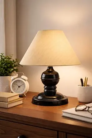 tu casa Metal Table Lamp Off White Shade for Living Room Bedroom Bedside Corner Home Décor Housewarming Festive Gifts | Study Dining Table Top Yellow Ambient Metal Base| Without Bulb 8”