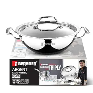 BERGNER Argent Triply 24cm Kadai with Stainless Steel Lid, 2.5 Liters Kadhai, Even and Faster Heating, Consumes Less Oil, Healthy Cooking, Stay Cool Cast Handles - Induction and Gas Stove Ready