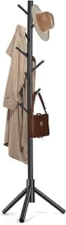 Wooden Coat Rack Freestanding with 8 Hooks & 3 Adjustable Sizes for Clothes, Space-Saving Design for Bedroom Office Entrance Holds Hats Coats Scarves Bags
