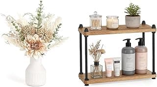 Mkono Small Artificial Flowers in Ceramic Vase and Bathroom Counter Organizer Shelf, Home Decor for Bathroom, Bedroom, Living Room, Office, Set of 2