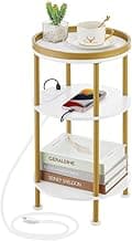 Small Round End Table with Charging Station, 3-Tier Accent Couch Beside Table with USB Ports & Power Outlets, Sofa Side Table for Living Room Small Nightstand Bedroom (USB Charger, White+Gold)
