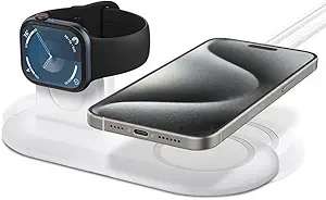 Spigen Mag Fit Duo Designed for MagSafe & Pixelsnap Charger Stand Charging Pad Case for iPhone 17, 16, 15, 14, 13, 12 Models/Apple Watch All Series/Airpods - White