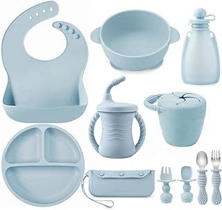 PandaEar Silicone Baby Feeding Set | 11PCS Baby Led Weaning Supplies Self Feeding Utensils | Divided Suction Plate Bowl Bibs Sippy Cup with Baby Food Pouch Snack Container Spoons Forks, Blue