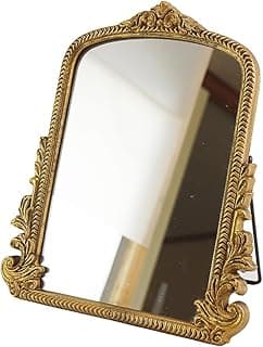 2026 Spring Women's Gifts Small Vintage Vanity Makeup Desk Mirror Antique Traditional Chic Arch Table Mirror Gold，Decor Wood Carved Mirror for Living Room,Bedroom,Tabletop 11.8" x 9.6"