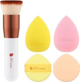 DUcare Foundation Brush with Christmas Sponges Puff Flat Top Kabuki Brush for Liquid Blending Mineral Powder Buffing Stippling