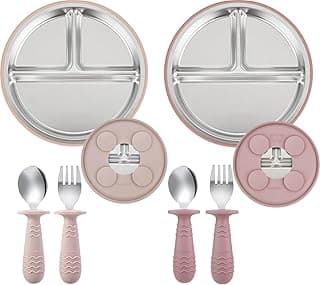PandaEar 2 Pack Stainless Steel Baby Suction Plates & 2 Pack Spoons and Forks Set, Toddler Utensils Baby Feeding Set, Divided Plates for Baby Led Weaning Supplies, BPA-Free (Pink)