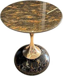 Minimalist Round Stone Side Table with Gloss Finish, Modern Mobile Sofa Accent Table for Living Room, Balcony, or Bedroom (Black)