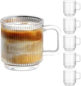 6 PACK Premium Glass Coffee Mugs with Handle, 12 OZ Classic Vertical Stripes Glass Coffee Cups, Transparent Tea Cup for Hot/Cold Beverages, Glassware Set for Americano, Latte, Cappuccino