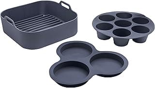 Gourmia Air Fryer Accessories Set - 3 Piece Silicone, Liner, Egg Bite Cooker, 7-Hole Cupcake Mold, BPA-Free, Nonstick, Heat Resistant 445°F, Dishwasher Safe, Food Grade