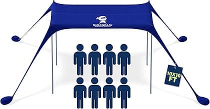 Sun Ninja Beach Tent Sun Shelter UPF50+ - Easy Pop Up Beach Canopy - Outdoor Shade for Camping Trips, Fishing, Backyard Fun Picnics - Sand Shovel, Ground Pegs & Stability Poles