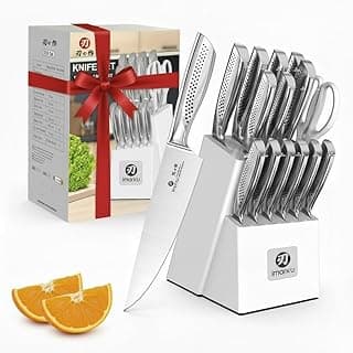 imarku 15-Piece Knife Set with Block, High Carbon Stainless Steel Kitchen Knives with Built-in Sharpener, Dishwasher Safe, Ergonomic Non-Slip Handle, Perfect for Home Cooks & Chefs, White