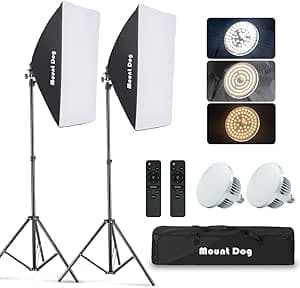 MOUNTDOG Softbox Lighting Kit Studio Photography Continuous Lights Softbox with Dimmable LED 3 Colors Bulbs (85W/2700-6400K), Remote Control and Adjustable Stand for Portraits Photo Video YouTube