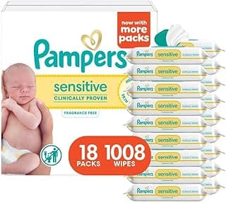 Pampers Sensitive Baby Wipes, Water Based, Clinically Proven, Hypoallergenic, and Unscented for Babies, 1008 Wipes Total (18 Flip-Top Packs) [Packaging May Vary]