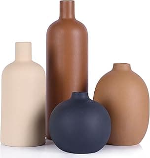 Ceramic Vase Set of 4, Modern Vases Home Decor, Neutral Decorative Vase for Bouquet Pampas Grass Dried Fresh Flowers, Small Vase for Living Room, Kitchen, Bedroom, Bathroom, Entryway Mantel, Decor