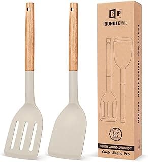 Pack of 2 Silicone Cooking Spatula, Heat Resistant Solid Turner, Non Stick Slotted Spatulas with Wooden Short Handle,Ideal Wood Kitchen Utensils Set for Frying, Baking, Flipping, Turning
