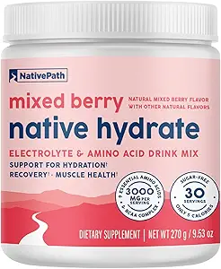 NativePath Native Hydrate, Zero Sugar, Electrolytes Powder with BCAAs, Mixed Berry Hydration, Keto & Paleo Friendly, 30 Servings