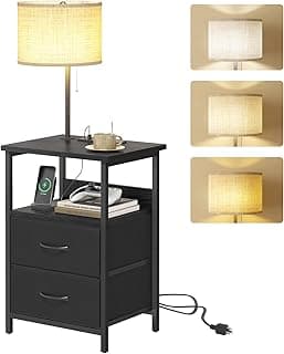 Fixwal Bedside Table with 3 Color Temperature Reading Light, Nightstand with LED Light & Charging Station End Table with Adjustable Fabric Drawer for Bedroom, Dorm, Black