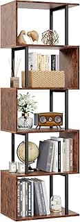Furologee 6 Tier Bookshelf, Tall S Shaped Geometric Bookcase, Modern Display Shelf Standing Unit, Wood Metal Decorative Divider Rack for Living Room Bedroom Office, Rustic Brown