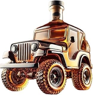 Curved glass whisky bottle, made of transparent material, with dimensions of 5.1 inches x 4.2 inches, featuring a new off-road vehicle-shaped bottle with a stopper.