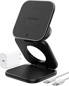 KU XIU Qi2.2 25W Magnetic Wireless Charger, Foldable 3 in 1 Travel Charging Station for iPhone 17/16/15/14/13/12, 5W for Apple Watch & AirPods, Aluminum Alloy Design, 45W GaN Adapter Included, Black