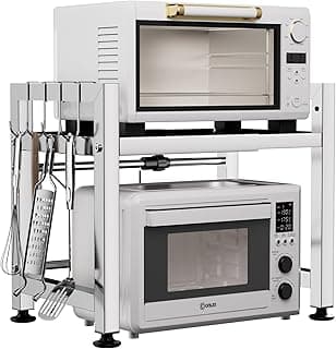 Extendable Microwave Oven Rack, Microwave Shelf Adjustable Over Microwave Stand Countertop 2-Tier Stainless Steel Organizing Rack with 4 Hooks for Kitchen Utensils Tableware Storage