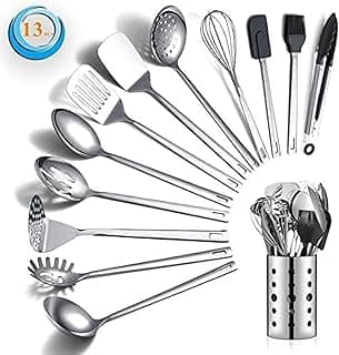Stainless Steel Cooking Utensils Set, Berglander 13 Pieces Kitchen Utensils Set, Kitchen Tools Set With Utensil Holder Non-Stick And Heat Resistant,Dishwasher Safe, Easy to Clean (13 Packs)