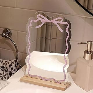 Pink Bow Mirror Coquette Small Bow Shaped Makeup Mirror with Stand Women Cute Girly Decor Aesthetic Vanity Acrylic Mirrors Frameless Pink Desk Accessories for Home Bedroom Office Teens Dorm