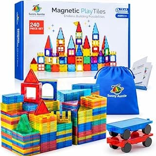 SUNNY AUNTIE Magnetic Tiles 240 PCS XL Set with Storage Bag – Magnetic Building Tiles for Kids Ages 3-8, STEM Magnet Construction Toy for Boys & Girls