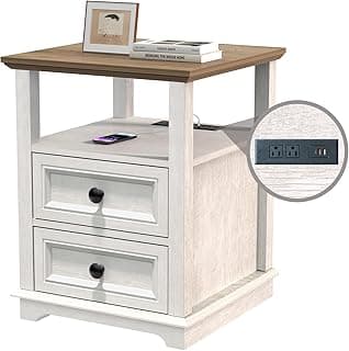 REDAYFUR End Table with Fast USB C Charging Station, 18" Wide Tall Sofa Side Table with 2 Drawers, Large Storage Rustic Wood Square Storage Cabinet for Living Room,Bedroom,Office, White