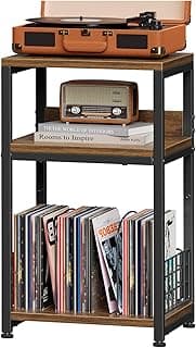 Simple Trending Record Player Stand, 3 Tiers Side Table, Compact Turntable Stand Record Table, Hold Up to 100 Albums, Rustic Brown