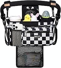 TOPDesign Universal Baby Stroller Organizer, Stroller Caddy with Detachable Mesh Bag & Heightened Insulated Cup Holders & Non-Slip Secure Hooks Accessories, Fits Most Strollers (Checkerboard)