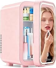 Mini Skincare Fridge Small Refrigerator for Bedroom, Beauty Fridge for Makeup with Dimmable LED Mirror, 6 L / 8 Cans Compact Portable Cooler for College Dorm, Office, Car, Pink