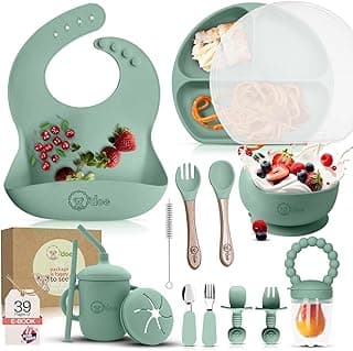 O'doe 17-Piece BPA-Free Silicone Baby Feeding Set | Thick & Soft Suction Plates, Baby Bowls, Wooden Fork & Spoon, and More | Make Mealtime Fun and Easy for Your Little One (Green, V2)