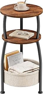 Small Side Table for Small Spaces with Storage Basket, Round End Table 3-Tier NightStand Sofa Corner Table for Living Room, Bedroom, Patio and More 24in Tall Rustic Brown