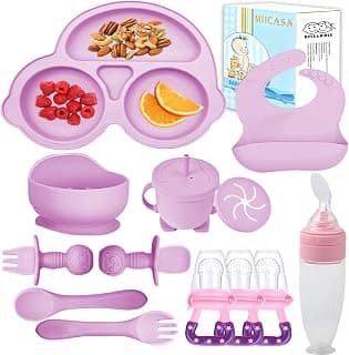 Silicone Baby Feeding Set,Miicasa Baby Led Weaning Supplies Kit With Suction Bowl & Car Plate, Bib, Spoon, Fork, Cup - Food-Grade Silicone, Dishwasher-Safe, No BPAs - For 3+ Months