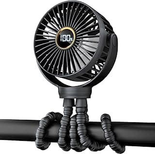 Portable Stroller Mini Fan, Small Rechargeable Personal Fan, Baby Travel Essentials for Wagon, Car Seat, Treadmill, Battery Powered Biking Gear Accessories, 360° Rotation, 3-Speed, Display, Black