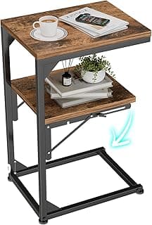 Simple Trending TV Tray Table, C Shaped End Table for Couch, Foldable Table with 2 Shelf Storage, for Sofa Bedside, Rustic Brown