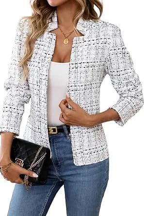 ELLEVEN Womens' Tweed Open Front Blazer Long Sleeve Jacket Notch Collar Fully Lined Casual Business Work Office Coat