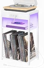 LELELINKY White Night Stand with Charging Station, Record Player Stand with USB Port and Type-C Port, 3 Tier Side Table with Vinyl Storage Shelf, End Tables for Bedroom Small Spaces