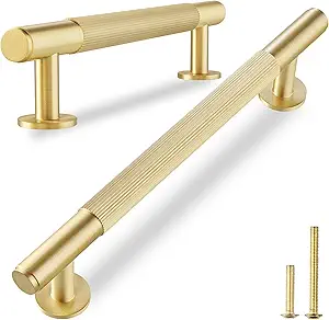 QOGRISUN 5-Pack Solid Brass Cabinet Pulls, Grooved Gold Bar Handles, 6-1/4-Inch Hole Center for Kitchen Drawer Dresser Cupboard, 7.8-Inch Total Length, Brushed Brass Finish – Eleganza