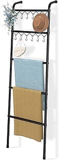 Simple Trending Blanket Ladder，5 Tier Metal Towel Rack with 12 Hooks, 79'' Metal Style Decorative Ladder for The Living Room Bedroom Bathroom Home Decor, Black