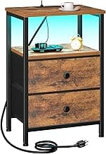 LOAKEKEL Night Stand with Charging Station, Small Bedside Table with USB Ports & Outlets, LED Nightstand with 2 Fabric Storage Drawers PU Finish for Bedroom, Brown, HETS02BR-1