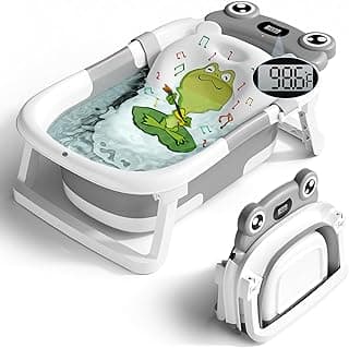 Baby Bathtub, Collapsible Newborn Bathtub for Infant to Toddler 0-24 Months with Soft Cushion and Thermometer,Portable Travel Newborn Tub with No-Slip Feet, Baby Shower Gifts,Grey