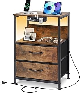 Nightstand with Charging Station, Wide Bed Side Table with 2 USB Ports & AC Outlets, 2 Fabric Drawers & LED Dimmable Light, 3-Tier End Table with Storage Shelves for Bedroom, Living Room