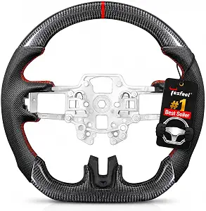Real Carbon Fiber Steering Wheel for Ford Mustang 2018-2023, D-Shape Flat Bottom, Premium Nappa Leather with Red Stripe & Hand-Stitching, for EcoBoost/GT/Shelby GT350&GT350R