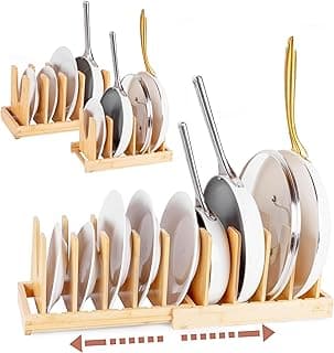 Pot and Pan Organizer for Under Cabinet – Bamboo Pot Lid Organizer for Cabinet with Magnetic Lock, Expandable 2-in-1, Adjustable Dividers, Non-Slip Base for Cutting Boards, Cookie Sheets, Bakeware