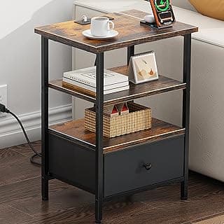 Side Table with Charging Station, Nightstand with Adjustable Fabric Drawer, Bedside Table for Bedrooms, Living Rooms & Home Decor (Brown Black)