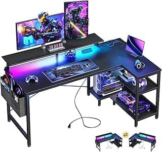 ODK 48 Inch Gaming Desk with USB Charging Ports and LED Lights, Reversible L Shaped Computer Desk with Storage Shelves & Monitor Stand, Corner Gamer Desk Table with Power Outlets, Black